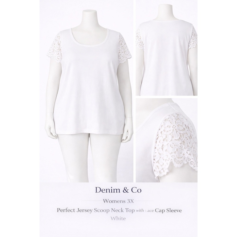 Denim & Co Womens 3X Perfect Jersey Scoop Neck Top Lace Cap Sleeve White A378174